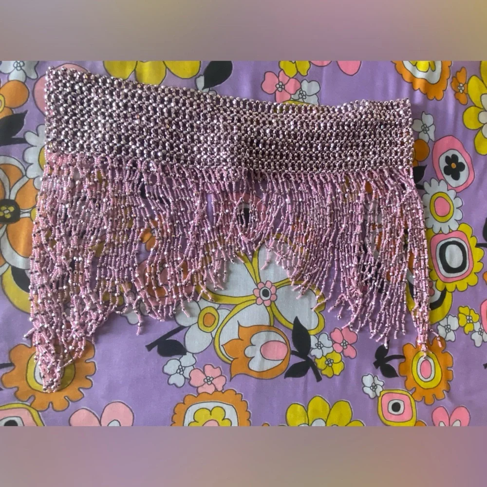 vintage bead fringe metallic silver pink wrap high waist belt L no flaws